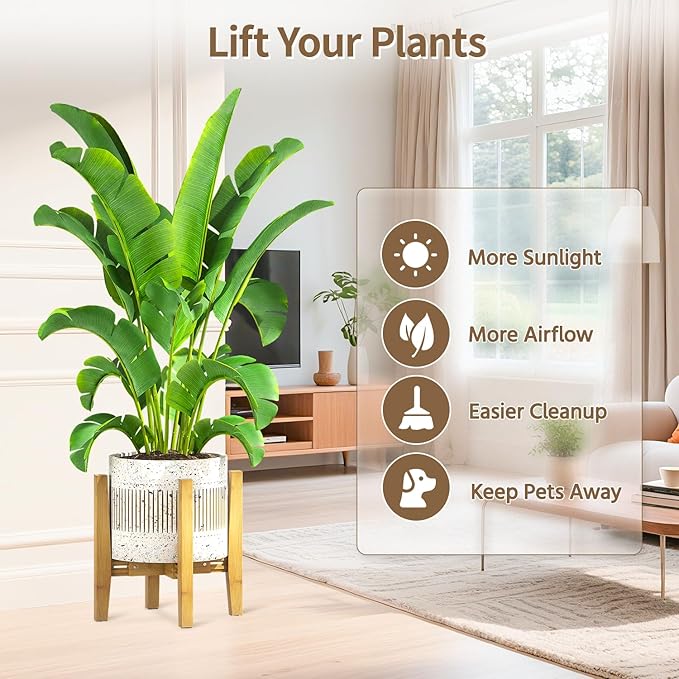 LASZOLA Bamboo Adjustable Plant Stand for Single Large Indoor Planters, Heavy Duty Floor Fern Holder Fits 8 to 12 Inch Pots, Mid Century Elevated Big Stool for Flower– Pot Not Included, Walnut, 2 Pack