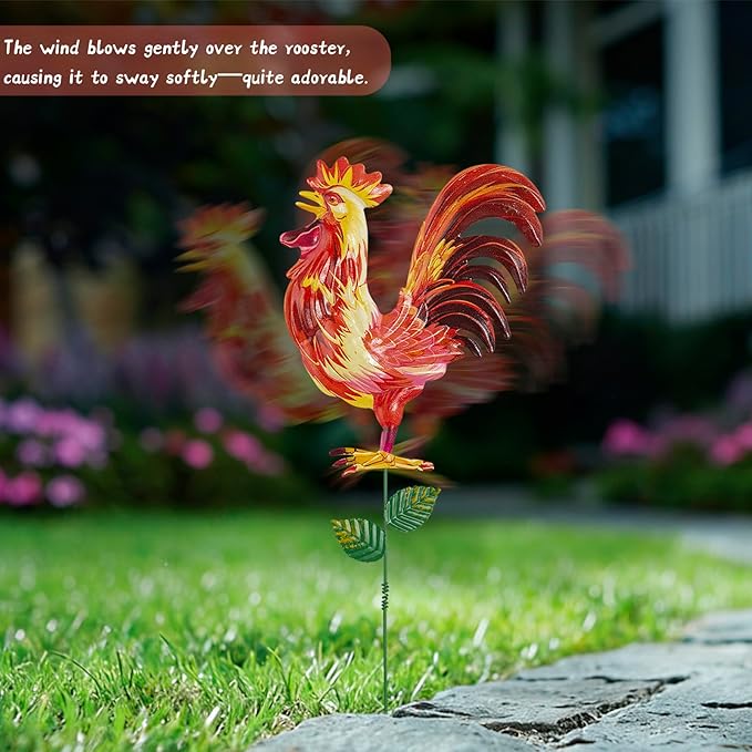 Metal Garden Stakes Outdoor Decor, 18 inch Garden Yard Art, Weather Proof Rooster Stakes for Yard Lawn Porch Pathway Patio Plant Pot Decorations, 4 Pack (Rooster-a-Head)