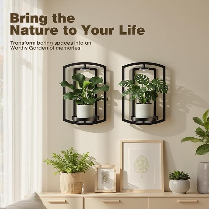 Aisdan Wall Plant Holder, Wall Planters for Indoor Plants with Wireless Remote Lights, Frame Plant Wall Shelves Wall Mounted Plant Holder for Living Room, 2 Pack