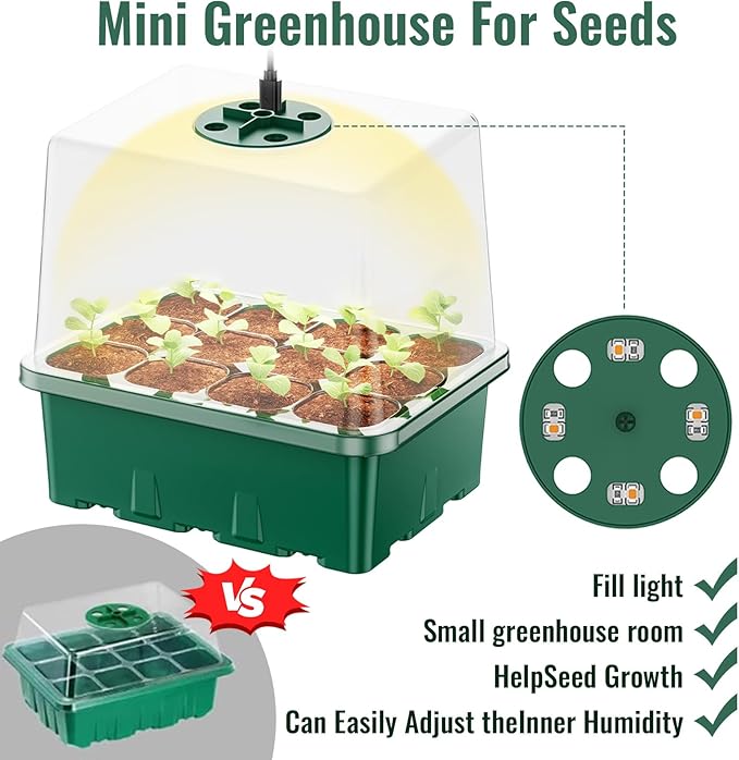 Seed Starter Tray with Grow Light, 5 Pack 60 Cells Seed Starter kit with Humidity Dome and Base, Plant Seedling Trays Indoor Greenhouse Gardening (Green 5 Pack)