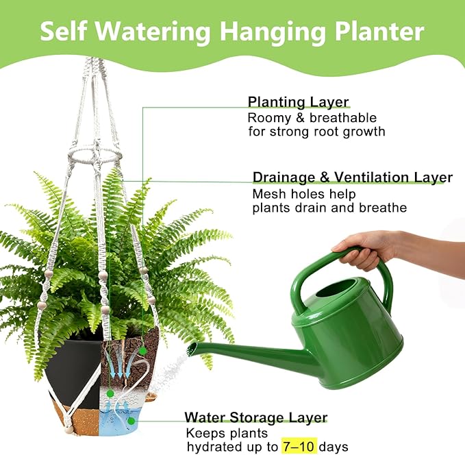 Hanging Planters for Indoor Plants: 2 Pack Macrame Plant Hangers with Grow Lights and Self-Watering Pots, Large Hanging Pots with Drainage Holes & Removable Tray（10in Black Pot, Daylight Spectrum）