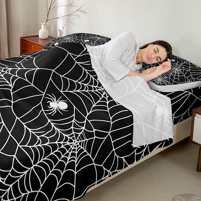 Feelyou Boys Spider Web Sheet Set for Kids Children Halloween Themed Bed Sheet Set Twin Girls Decorative Scary Spider Pattern Sheets Soft Bed Set Black White,Flat Sheet+ Fitted Sheet + 1 Pillow Case