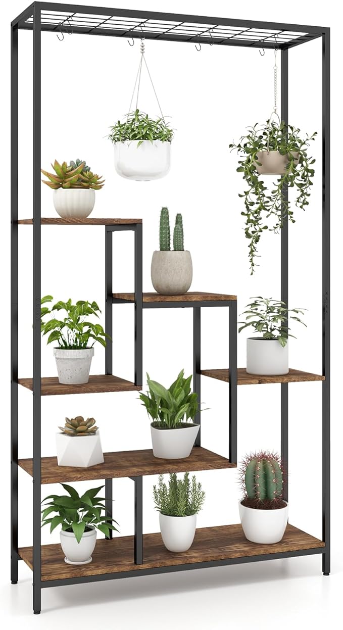 6-Tier Plant Stand Indoor, 70.9" Tall Plant Stand with 10 S Hanging Hooks, Metal Plant Shelf Corner Plant Stands for Indoor Plants, Garden, Balcony, Living Room (Brown)