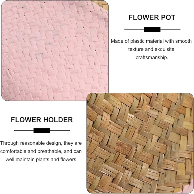 Toyvian Woven Seagrass Flower Basket with Handle, 27cm Diameter Decorative Plant Pot for Home Gardening and Living Room Storage, Foldable Pink Rattan Planter for Indoor Use