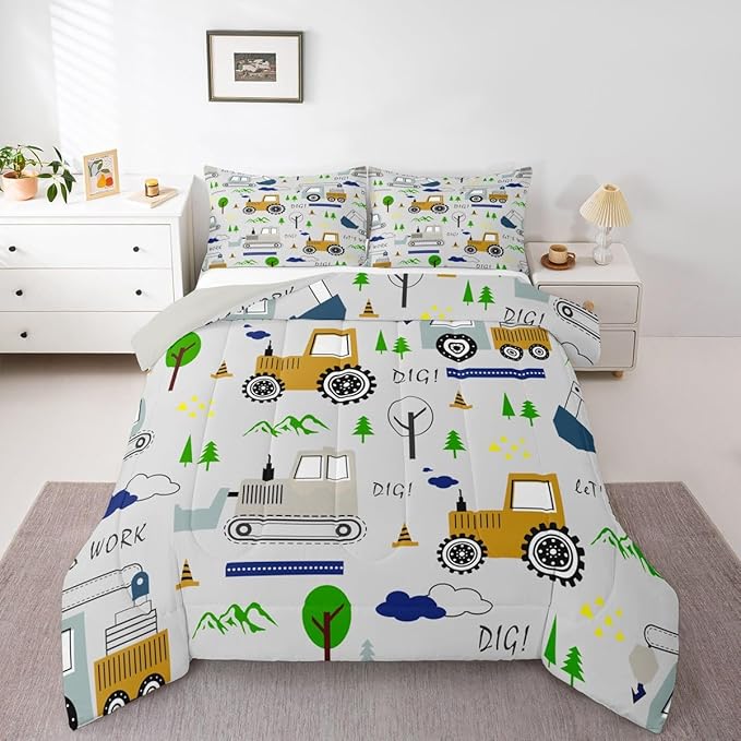 Feelyou Construction Comforter Set Full Size Equipment Trucks Bedding Set for Kids Boys Construction Vehicles Duvet Quilt Excavator Tractor Bedroom Decor Cartoon Car Grey3 Pcs with 2 Pillow Cases