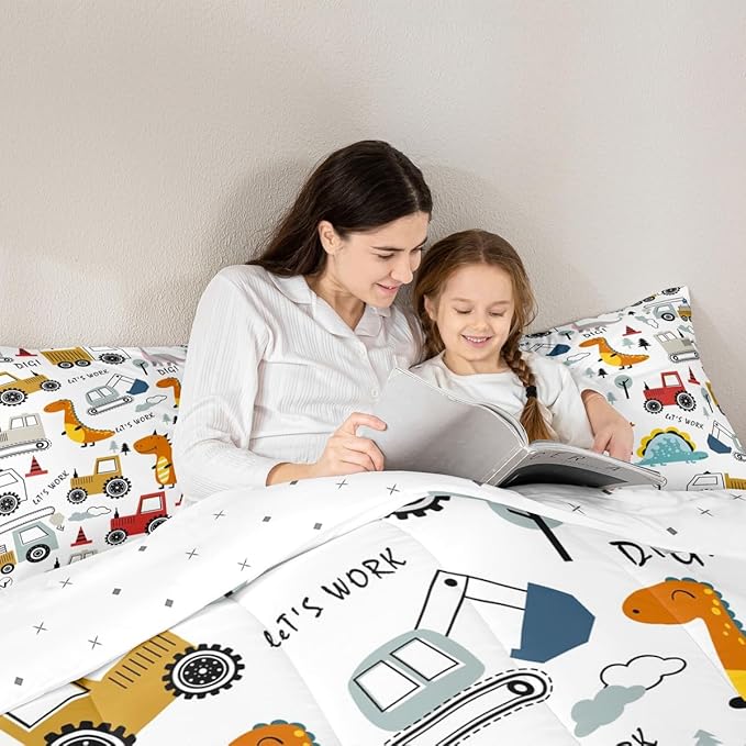 Feelyou Construction Comforter Set Kids Cartoon Dinosaur Comforter Cover Set for Boys Equipment Trucks Bedding Set Construction Vehicles Kawaii Jungle Dino Duvet Set Room Decor Twin With 1 Pillow Case