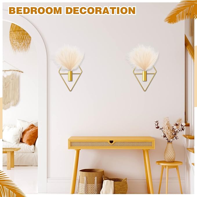 Jexine 2 Pcs Boho Wall Decor Gold Hanging Planters with Artificial Plants Wall Art Mounted Metal Home Decor Display Bedroom Bathroom Living Room(Pampas)