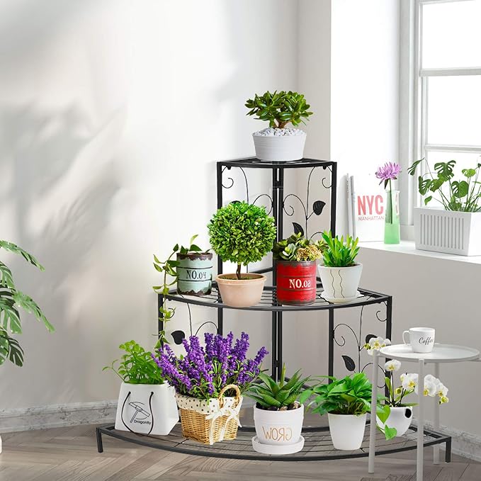 S AFSTAR Corner Plant Stand, 3-Tier Mental Plant Stand, Plant Flower Pot Display Rack, Pot Holder Shelf, Rustproof Ladder Potted Shelf, Outdoor Plant Stands for Patio Garden Yard Balcony (Black)