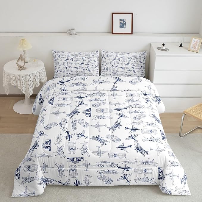 Feelyou Aircraft Bedding Set Kids Airplane Print Comforter Set Boys Girls Decor Aircraft Flying Comforter Cover Set Microfiber Sketch Style Blue White Duvet Set Bedroom Quilt Set Full Size