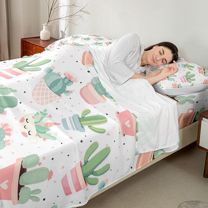 Feelyou Cute Cactus Bed Sheet Set for Girls Kids Bedroom Full Size Boho Succulent Sheets Set Tropical Botanical Pattern Bedding Set Watercolor Pastel Pink Green Decor