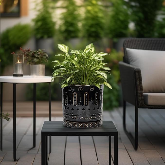 Eightpot Ceramic Pot for Plants - 8 Inch Plant Pots Indoor with Drainage Hole and Saucer, Decorative Round Planter Outdoor, Boho Ceramic Planter for Flower, House Garden Decor, Gardening Gifts, Black