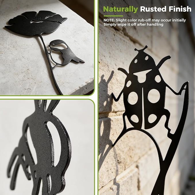 KODIBO 4-Pack Yard Stakes for Decorations, Black Metal Bird Bee Buttterfly Ladybug Silhouette Stakes, Weather-Resistant Garden Statues, Modern Yard Decor for Planters, Flower Bed, Patio & Lawn
