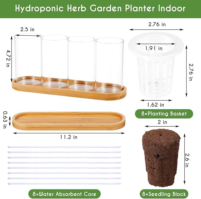 Teenyyou 8 Pcs Hydroponic Herb Planter Growing Kit Self Watering Glass Vase with Wooden Stand Herb Garden Starter Kit for Propagating Hydroponic Plants Centerpiece Office Home Garden Decor