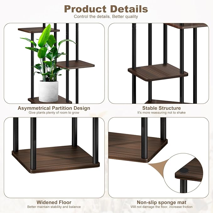 6 Tier Plant Stand Indoor, Thickened Metal Wood Corner Plant Shelf Stands for Multiple Plants, Indoor Tall Plants Stand Tiered Flower Holder for Living Room Patio Garden Balcony(Black+Oak)