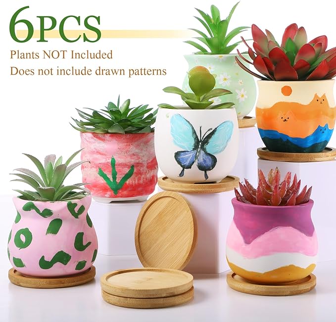 Remerry 6 Pcs 3.5 Inch Mini Succulent Pots with Bamboo Tray White Ceramic Pots Color Your Own DIY Small Planters Containers for Flower Cactus with Drainage Hole for Plant Lover