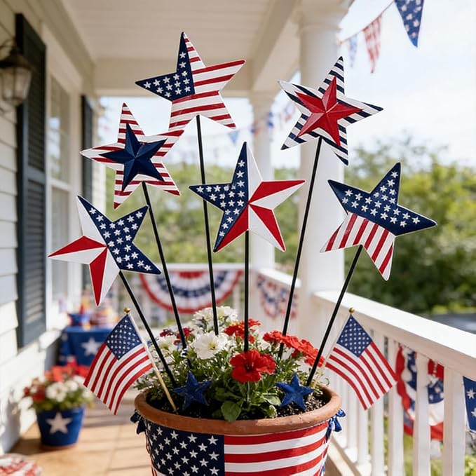 hogardeck 4th of July Decorations Outdoor, 6 PCS Metal Patriot Star Decorative Garden Stakes for Fourth of July Decorations, Patriotic Yard Signs for Garden Memorial Day Decorations