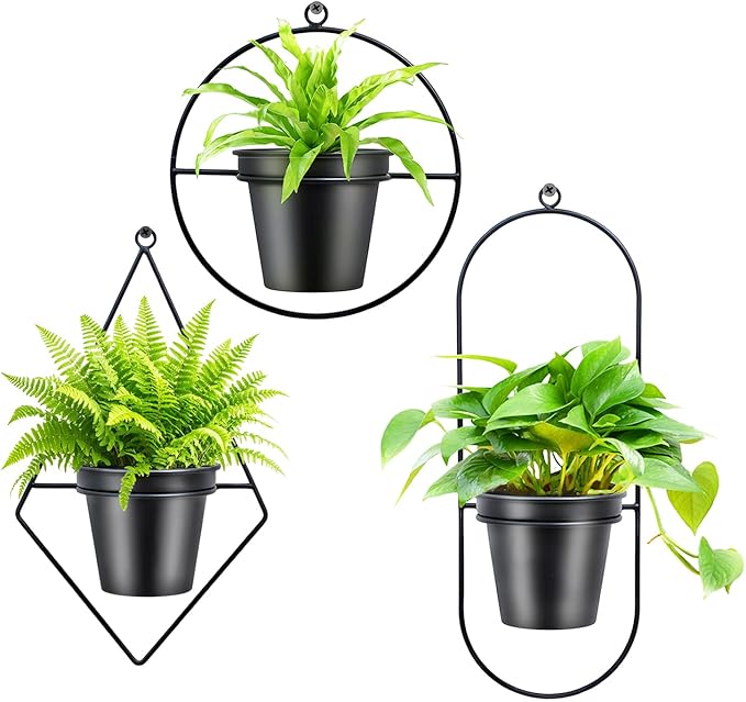 Geometric Wall Planters for Indoor Plants Set of 3 Black Metal Wall Mounted Plant Holder (Diamond & Oval & Round Shapes) with 5 Inch Flower Pots, Modern Hanging Planters for Indoor Decor