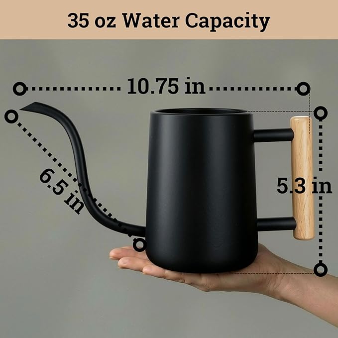 35 Ounce Metal Small Indoor Watering Can with Long Spout & Real Wood Handle for House Plants, Succulents, Cacti & Seedlings - Black Long Spout Watering Can Indoor Plants - Gentle Flow & No Spills
