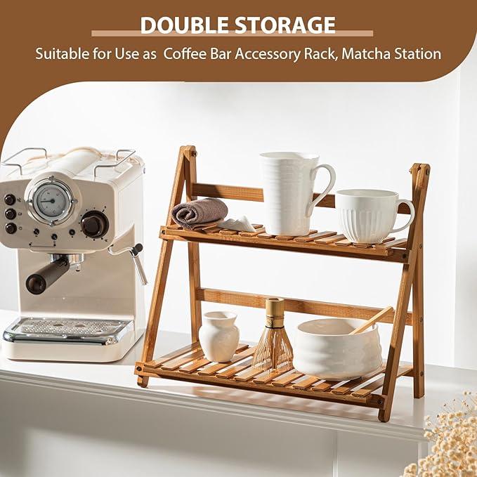 Yalikop Matcha Station Shelf,15.7'' Coffee Station Organizer, 2 Tiers Bamboo Mug Holder Countertop,Desktop Flower Pot Rack for Home Living Room Window Sill Foldable Display Storage Shelf (Brown)