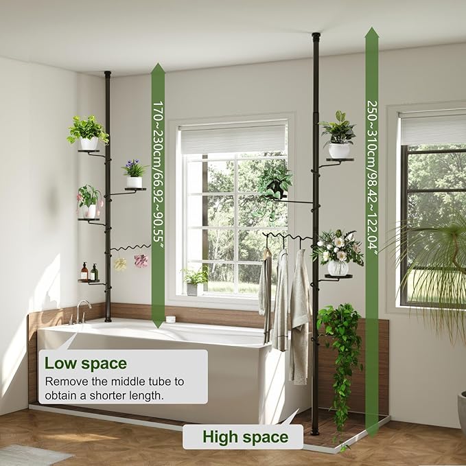 BAOYOUNI 5 Tier Indoor Plant Pole Stand Tension Rod Adjustable Flower Display Rack Spring Loaded Floral Hanger Storage Shelf with 4 Trays & 1 Wave Hook, Black (4 Trays & 1 Wave Hook, 5 Tier)