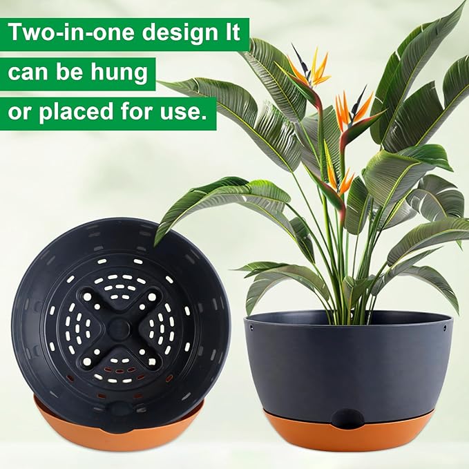 Nooulap 3 Pack Self Watering Planters for Plants Indoor,10 Inch Plant Pot Outdoor Plastic Flower Pot with Drainage and Saucers(Grey)