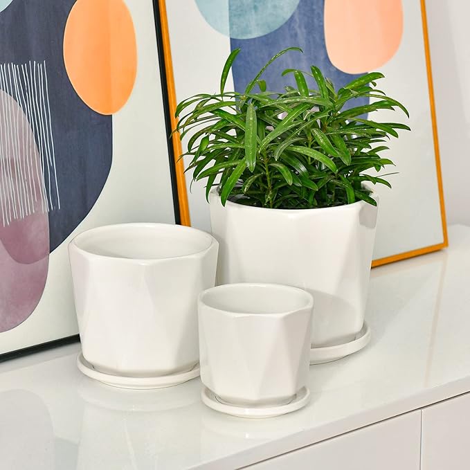 Octagon Ceramic Plant Pots - Indoor White Flower Planter Set with Drainage Holes, 6.5+5.5+4.5 Inch, Modern Decorative Planter Pots for Indoor Plants, Home Decor, Ideal Gifts for Women, Set of 3