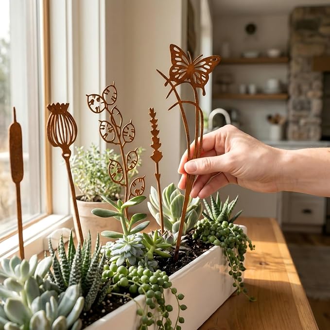 9PCS Metal Garden Stakes Decorative Flower Plant Stakes, Rustic Iron Yard Art Plant Picks for Outdoor Indoor Planters, Succulent Pot Decor, Lawn Patio Garden Ornaments, Gift for Garden Lovers