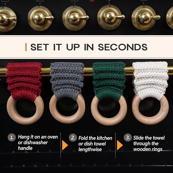 Handmade Crochet Dish Towel Holder for Kitchen & Bathroom - Decorative Boho Macrame Kitchen Towel Hanger Loop Ring Makes a Unique Gift for Birthday Thanksgiving Day 11 Inches (Khaki)