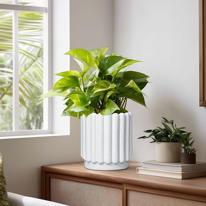 Ceramicfor Ceramic Planters for Indoor Plants - 7.6 Inch Ceramic Plant Pots Outdoor, Round Flower Pots with Drainage Hole, Fluted Modern Planter, Room House Decor, Gifts for Plant Lovers, White