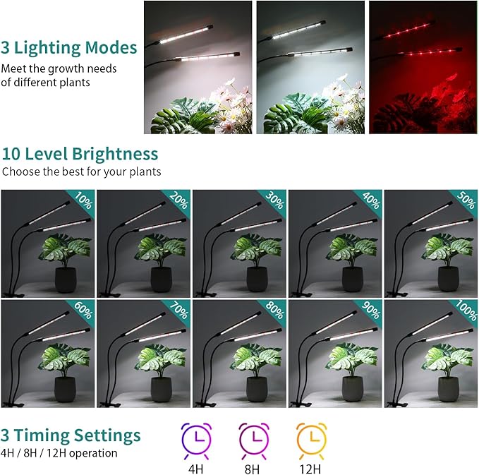 Full Spectrum Plant Growing Lamps 2 Pack, 168 LEDs Clip Lights, White + Red Spectrum, 4/8/12h Timer, 3 Modes, 10 Dimmable Levels, Flexible Gooseneck, for Indoor Plants