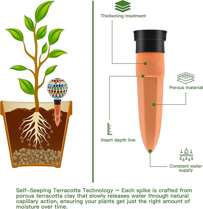 SAVENNA Mosaic Plant Watering Globes with Terracotta Spikes, 17oz Glass Self Watering Globes for Indoor & Outdoor Potted Plants, Decorative Water Drippers, Set of 2