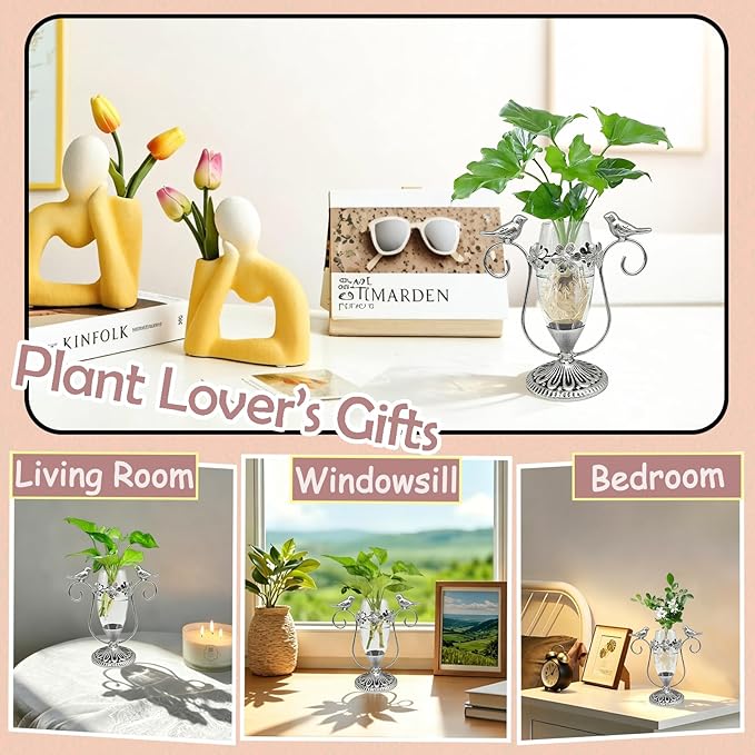 Vintage Plant Propagation Station, Hummingbird Metal Glass Plant Terrarium Stand, Office Desk Room Unique Flower Vase, Plant Lovers Gift Ideas for Women, Men (Silver)