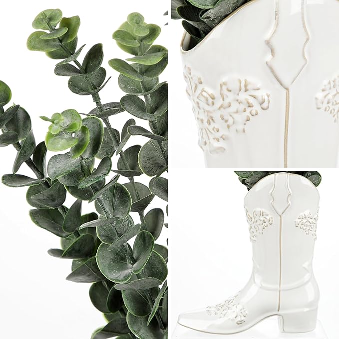 Artificial Eucalyptus Plant in Ceramic Cowboy Boot Vase Faux Greenery Potted Plant for Rustic Farmhouse Decor Western Style Boot Planter with Eucalyptus Stems for Table Centerpiece-18 Inch Tall