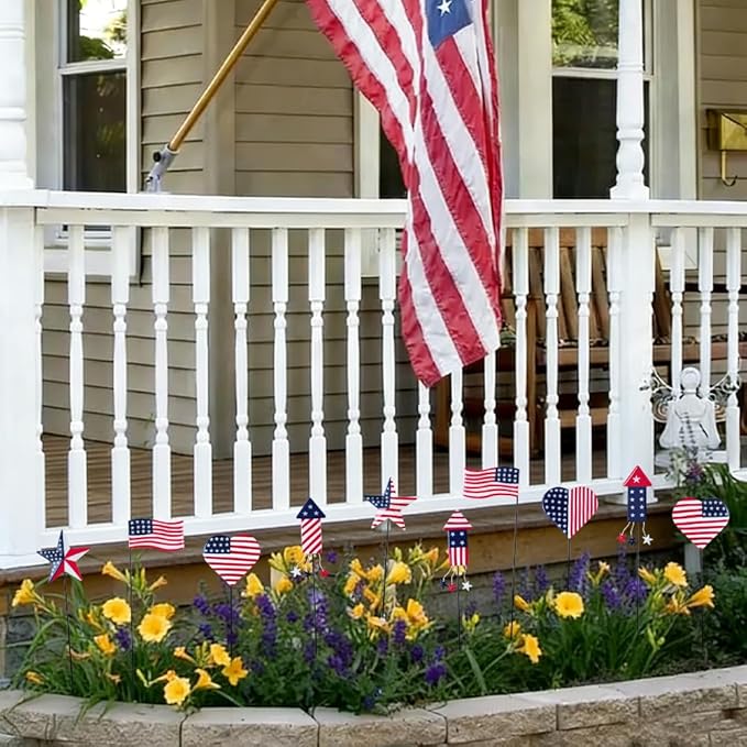 hogardeck 4th of July Decorations Outdoor, 10 PCS Metal Patriot Star Firework Decorative Garden Stakes for Fourth of July Decorations, Patriotic Yard Signs for Garden Memorial Day Decorations