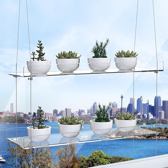 2-Tier Acrylic Window Display Shelves – 16" Adjustable Clear Racks for Herbs, flowers and Indoor Greenery in Kitchen & Bedroom