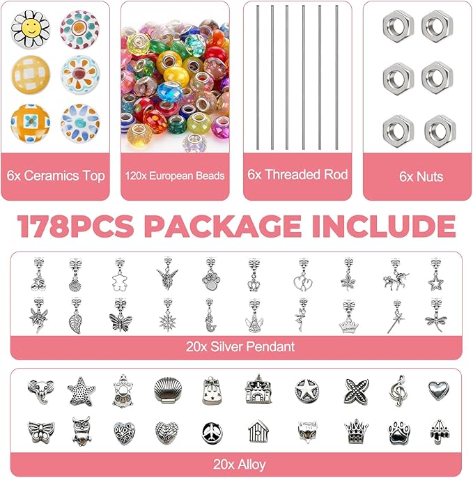 178 Pcs Beaded Garden Stakes Decorative DIY Fairy Wands Kit for Garden with 6 Colorful Cartoon Stopper Top 120 Assortment Round Large Hole Bead for Outdoor Decor