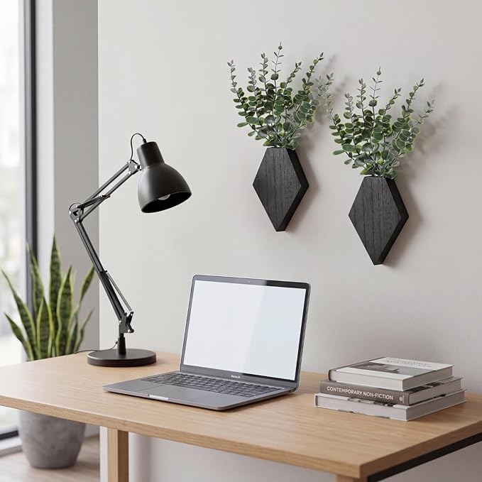 Chunful 2 Pcs Wooden Wall Planter Decor Hanging Fake Plants Greenery Flowers Holder Vase Boxes for Wall Bohemian Farmhouse Room Kitchen Office Indoor Decoration(Black,7.1 x 4.7 x 1.2 Inches)