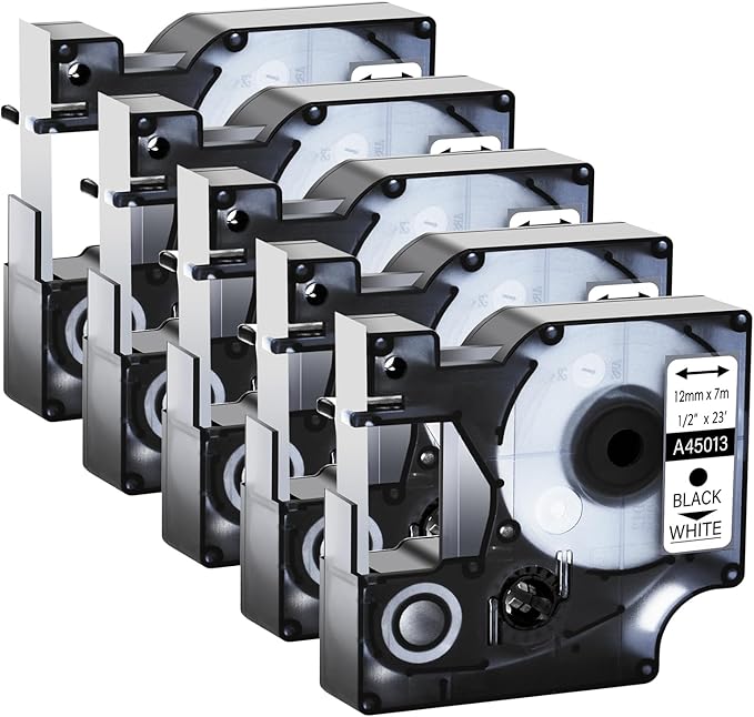 GREENCYCLE 5 Pack Compatible for DYMO D1 45013 S0720530 Label Maker Tape 45013s A45013 Black on White 1/2" (12mm) x 23ft (7m) for DYMO LabelManager 160 420P 210D 280 360D PnP Label Maker