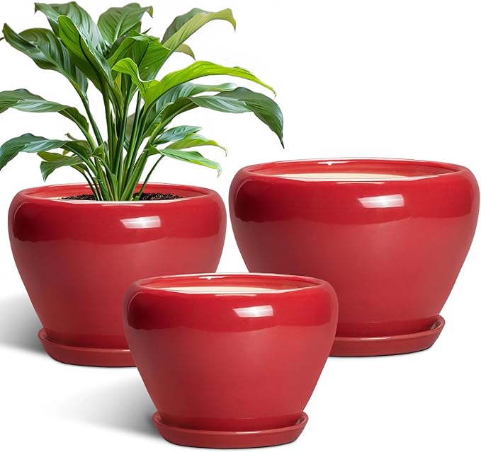 Ceramic Plant Pots, 10+8+6 Inch Ceramic Planters with Drainage Holes and Saucers, Round Decorative Pots for Plants Indoor Outdoor, House Decor, Gifts for Plant Lovers, Set of 3, Bright Red
