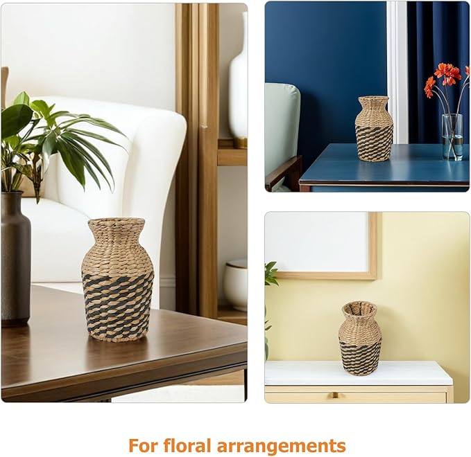 Angoily Rattan Vase 25cm Small Tabletop Woven Flower Basket Handmade Seagrass Planter for Home and Hotel Decoration