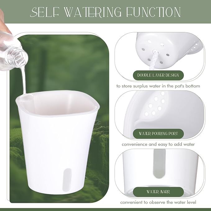 Ziliny 10 Pcs 3 Inch Self Watering Pots Self Watering Planters for Indoor Planters Plastic Garden Flower Pots with Level Indicator Vents for Herbs