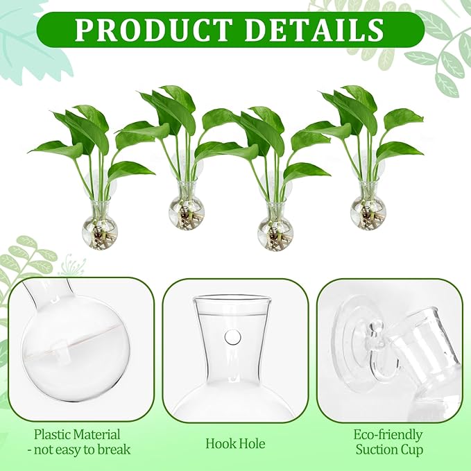 Bunmery 4 pcs Window Propagation Stations, Suction Cup Plastic Plant Propagation Bulbs, Easy to Install Wall Hanging Planter, No Nails Plastic Plant Terrarium Vase