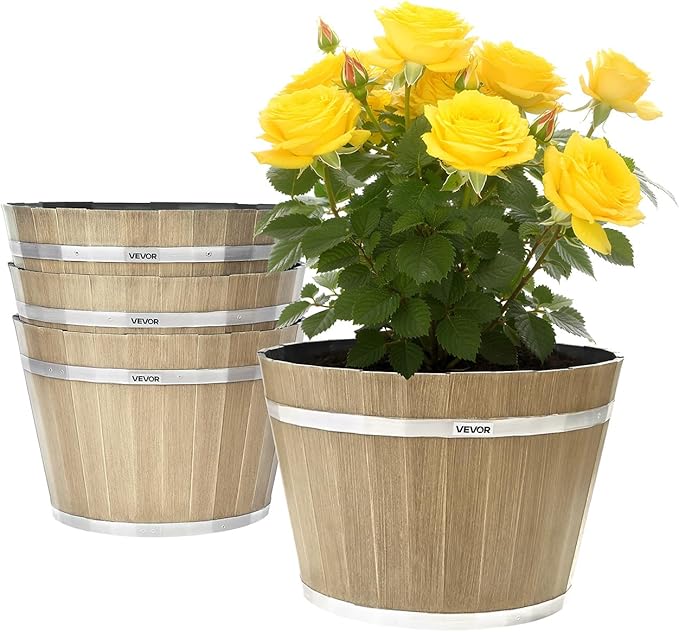 VEVOR Plant Pots, 4 Pack 11.81 inch Whiskey Barrel Planters with Drainage Holes, Large Outside Plastic Decoration Flower Pot Imitation Wine Barrel Design for Indoor Outdoor Garden Home Plants, Brown