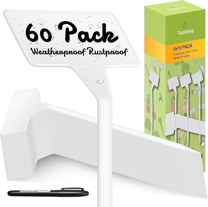 Plant Labels 60 Pcs Yuanling Large 11.8 Inch Plant Markers Signs Plastic Waterproof Garden Label Stakes T-Type Plant Garden Tags with Marker Pen for Flower Herb Pot Plant (White)