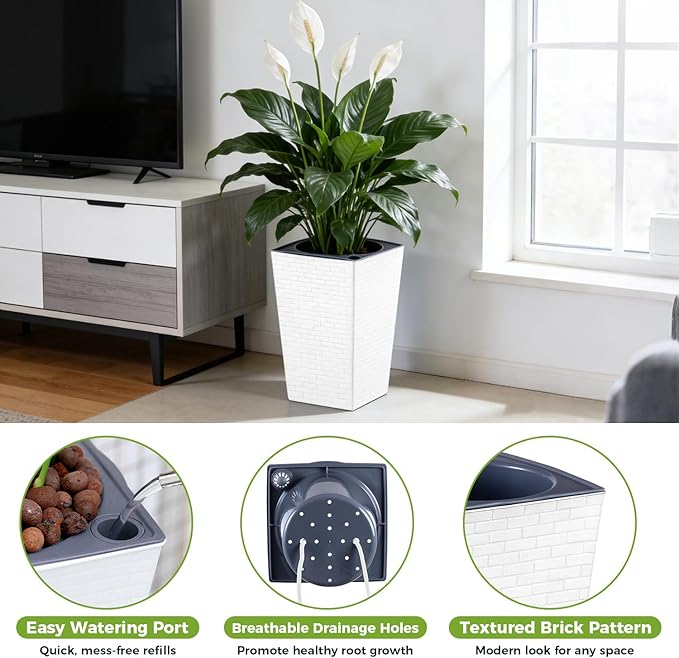 Self Watering Pots for Indoor Plants, 2 Pack Flower Pots Self Watering Planter 10.7" x 6.9" Plastic Pots African Violet Wick and Grow Pots Tall Orchid pots Square Large Plant Pots, White
