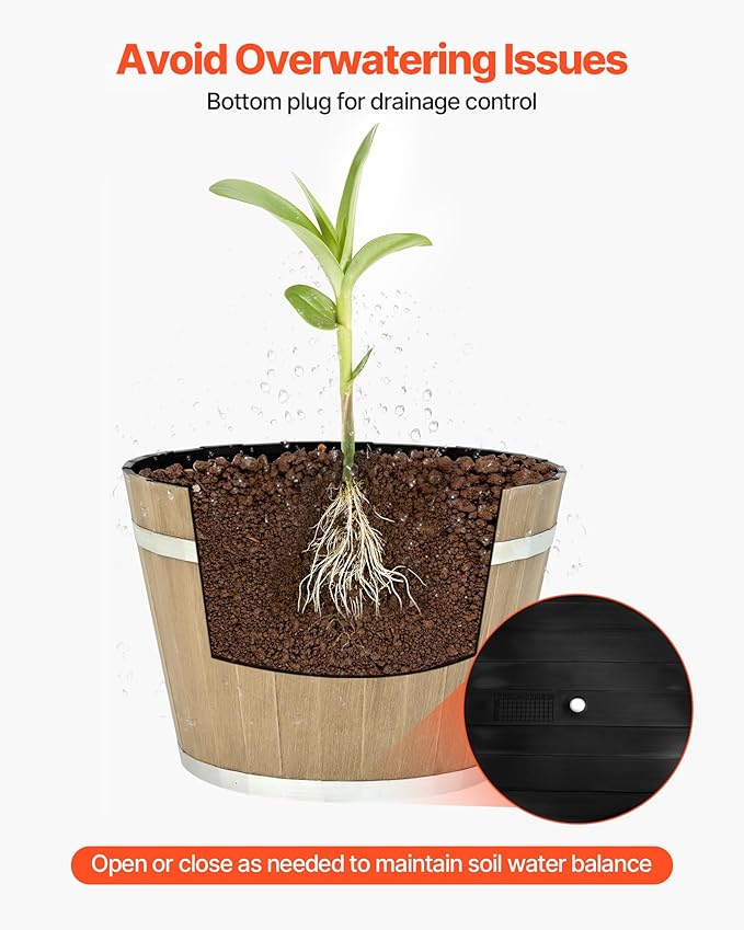 VEVOR Plant Pots, 4 Pack 11.81 inch Whiskey Barrel Planters with Drainage Holes, Large Outside Plastic Decoration Flower Pot Imitation Wine Barrel Design for Indoor Outdoor Garden Home Plants, Brown