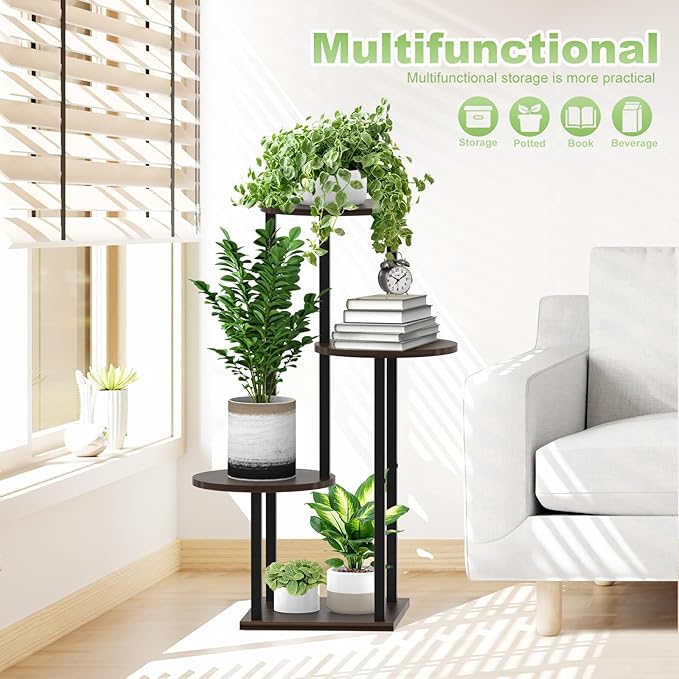4 Tier Wood Tall Plant Stand Metal Rack Indoor, Multiple Flower Pot Holder Shelves Corner Rack, Round Planter Shelf Display Rack Storage Organizer for Patio Living Room Balcony(Black+Oak)