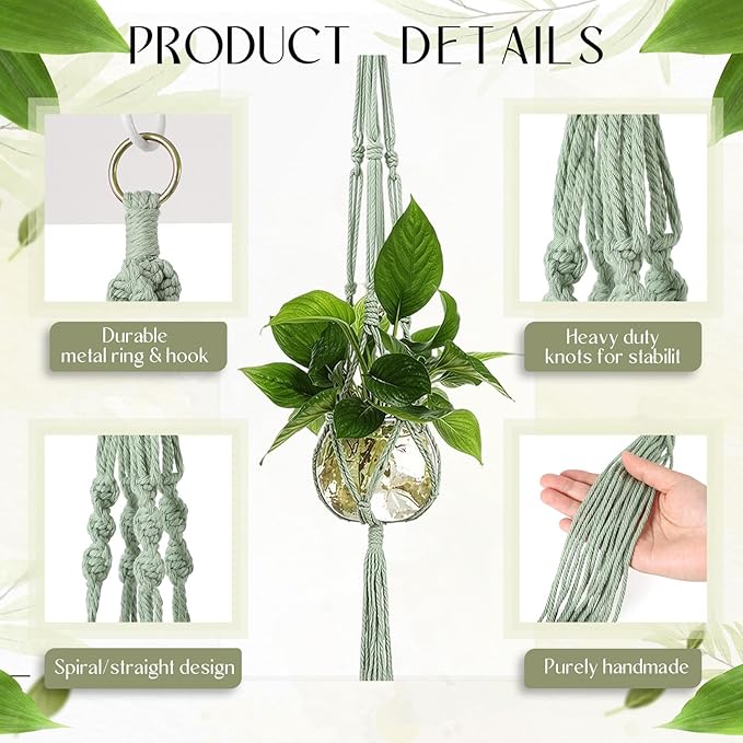 Colingmill 6 Pcs Plastic Plant Propagation with Boho Macrame Hanger Wall Plant Propagation Station Hanging Holder Include Hooks Kit for Indoor Home Garden Office Decor 3 Size (Sage Green)