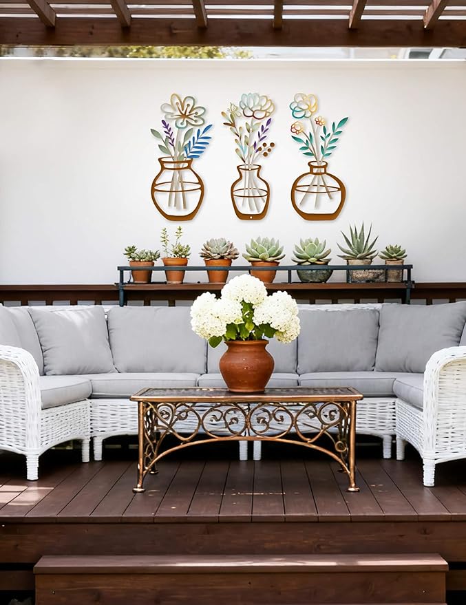 3 Piece Metal Flower Wall Decor Set - Rustic Colorful Flowers Wall Art with Butterfly and Berries, Farmhouse Metal Wall Art for Bathroom, Kitchen, Living Room, Bedroom - Modern Home Decorations Walls Hanging Sculptures Housewarming Gift