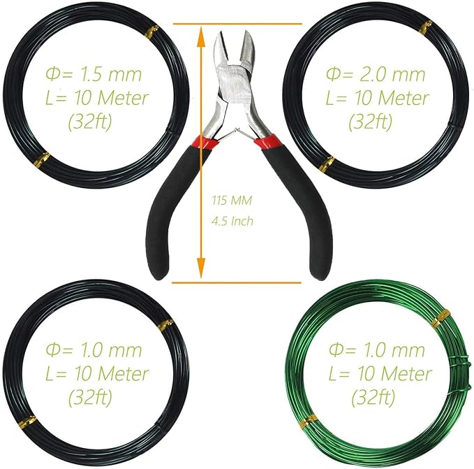 Kebinfen® Bonsai Training Wire Bonsai Wire kit for Bonsai Tree, with Bonsai Wire Cutter - Bonsai Wires Size 1.0 mm/ 1.5 mm/ 2.0 mm (128 Feet Total), Anti-Corrosion and Rust Resistant